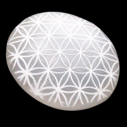 Selenite Satin Spar Palm Stone with Etching (60mm) - Image 2