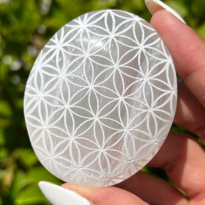 Selenite Satin Spar Palm Stone with Etching (60mm) - Image 5